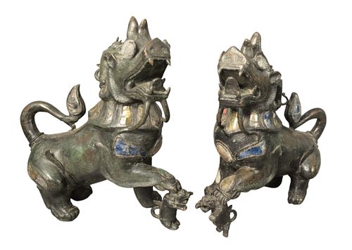 PAIR OF BRONZE FOO DOGS, HAVING