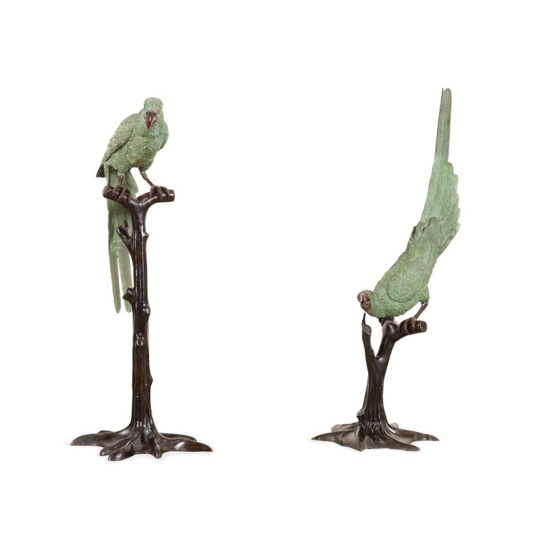 PAIR OF BRONZE MACAW PARROTS ON
