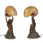PAIR OF BRONZE MERMAID STAINED