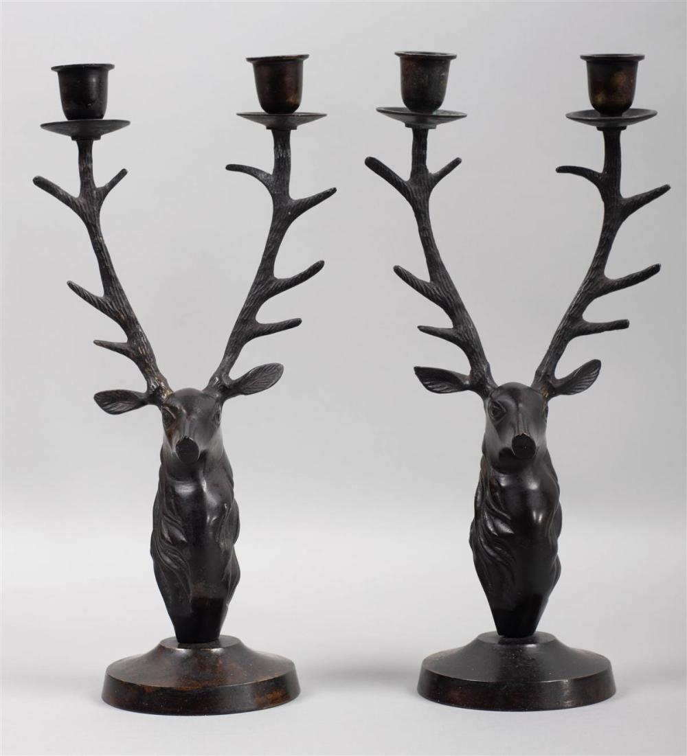 PAIR OF BRONZE PATINATED BRASS STAG