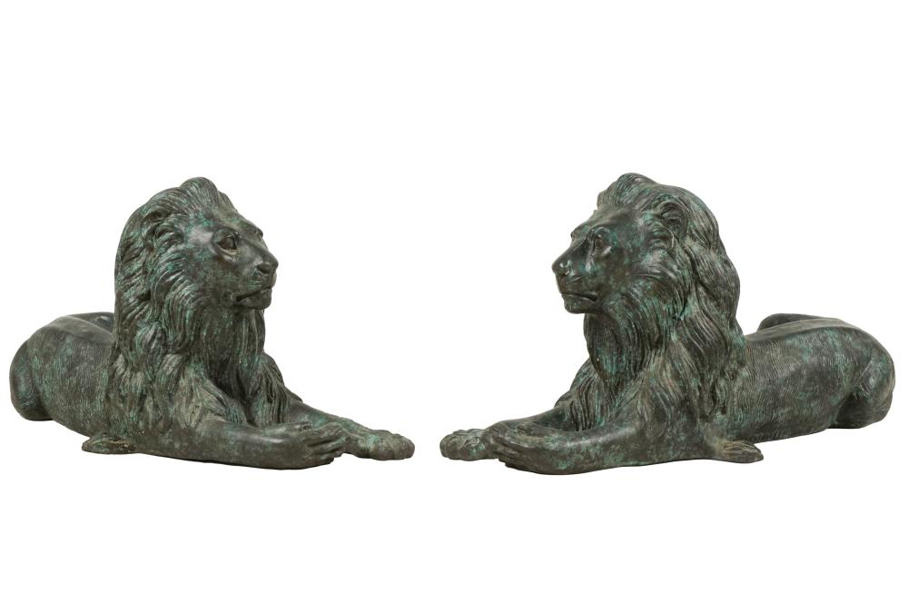 PAIR OF BRONZE RECUMBENT LION