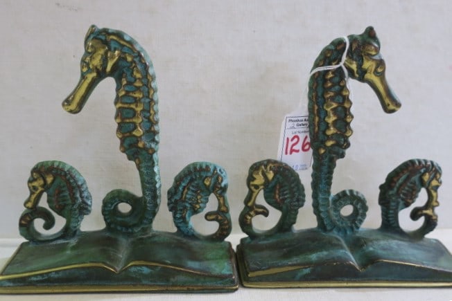 PAIR OF BRONZE SEAHORSE BOOKENDS,