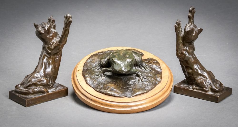 PAIR OF BRONZE STRETCHING CAT