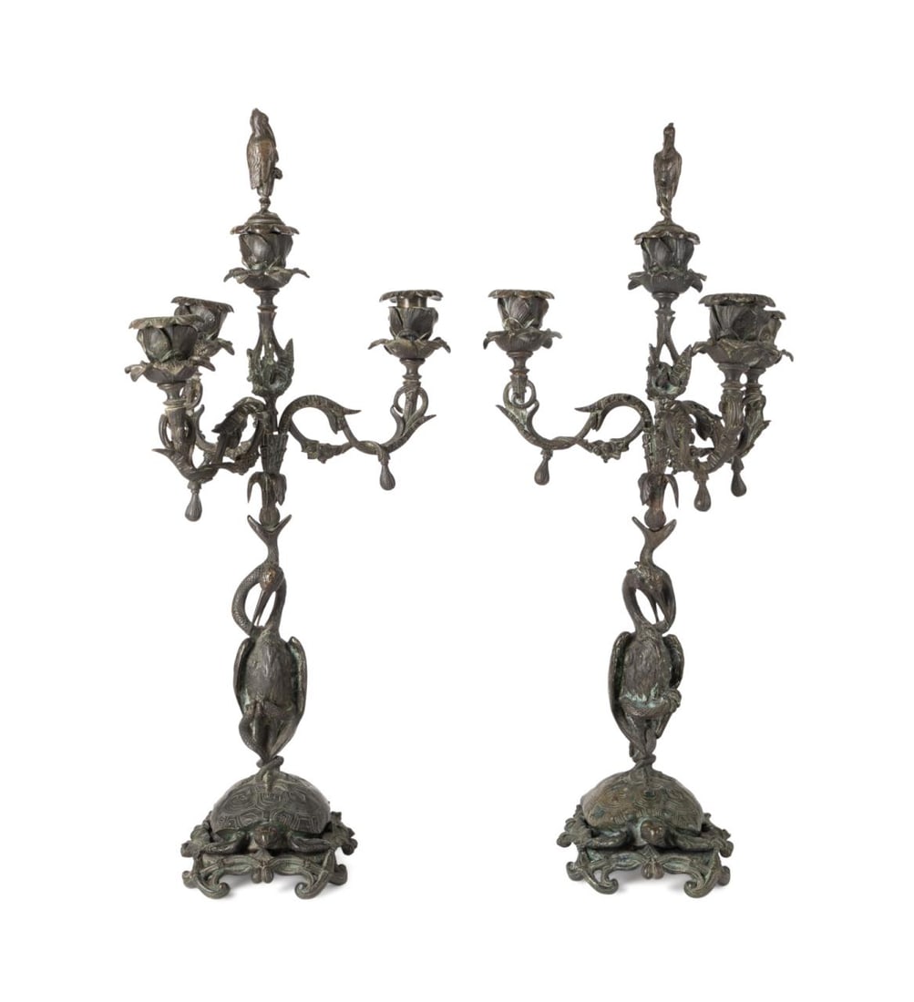PAIR OF BRONZE TURTLE, CRANE &