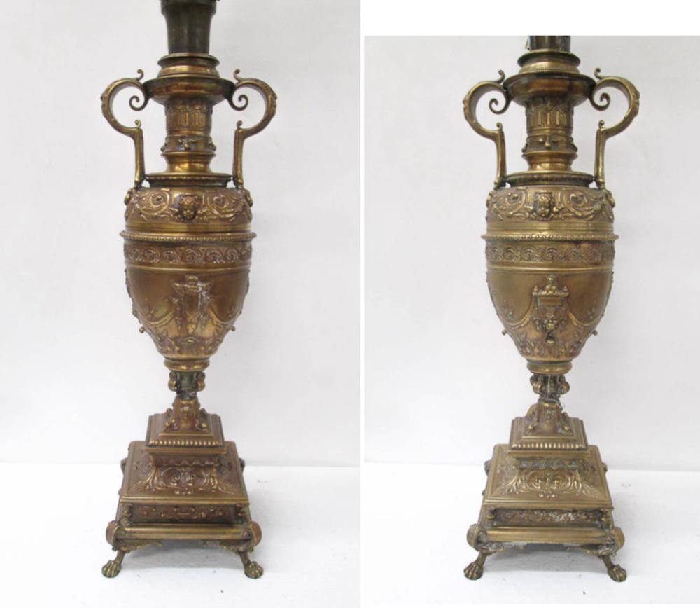 PAIR OF BRONZE URNS CONVERTED TO