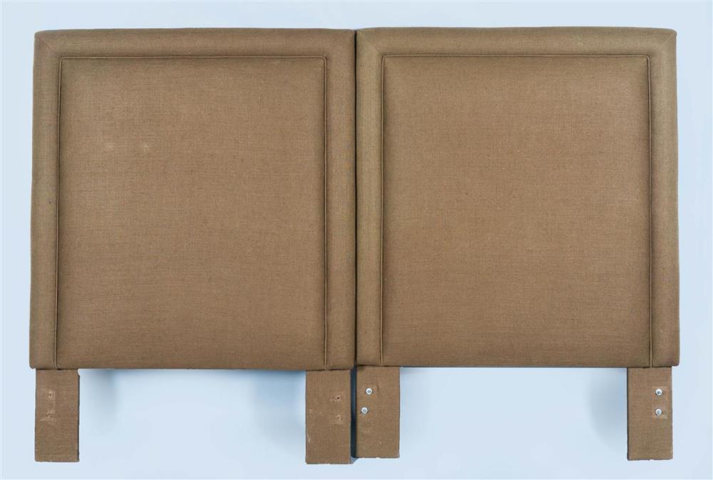 PAIR OF BROWN LINEN UPHOLSTERED