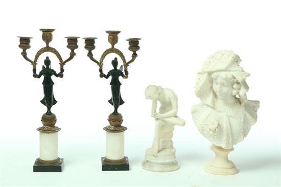 PAIR OF CANDELABRA AND TWO STATUES.