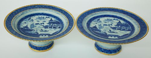 PAIR OF CANTON CLOBBERED TAZZAS,
