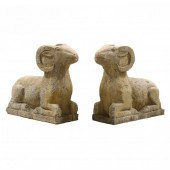 PAIR OF CARVED BLUESTONE RAMS