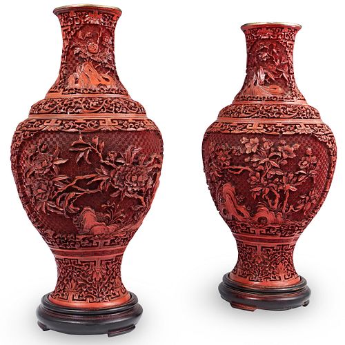 PAIR OF CARVED CHINESE CINNABAR