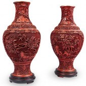 PAIR OF CARVED CHINESE CINNABA