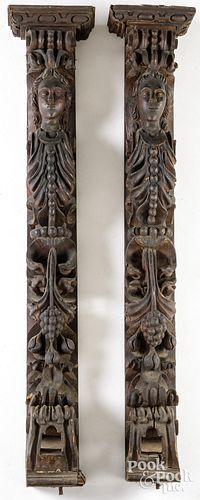 PAIR OF CARVED COLUMNS, 19TH C.,