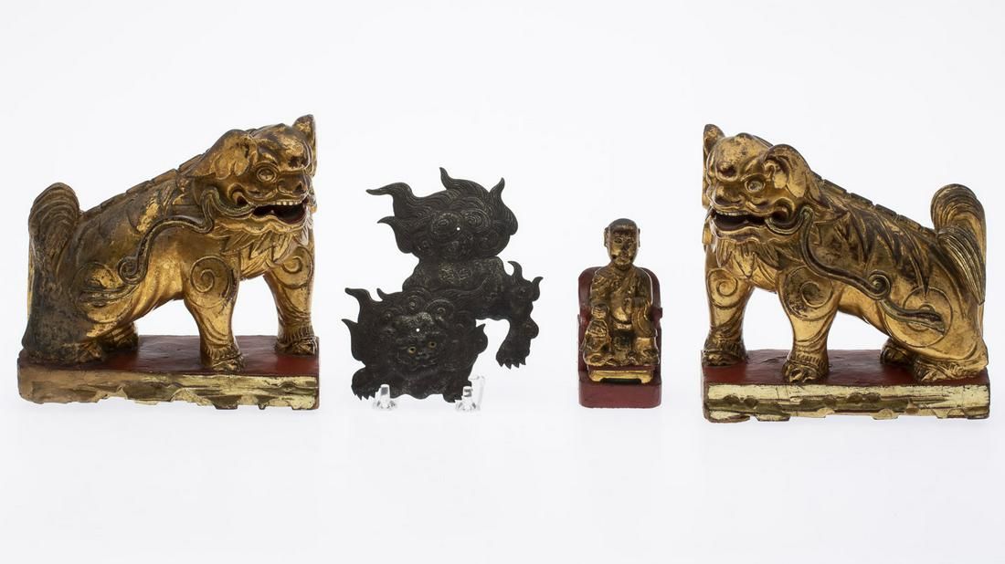 PAIR OF CARVED GILTWOOD FU DOGS AND