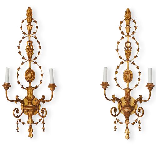 PAIR OF CARVED GILTWOOD TWO LIGHT
