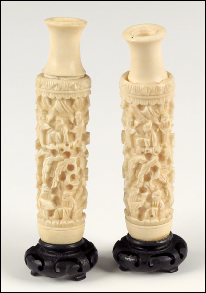 PAIR OF CARVED IVORY VASES.