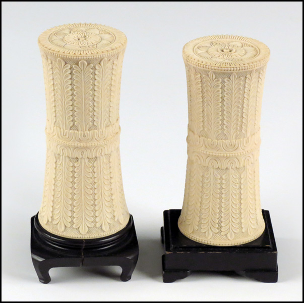 PAIR OF CARVED IVORY VASES.