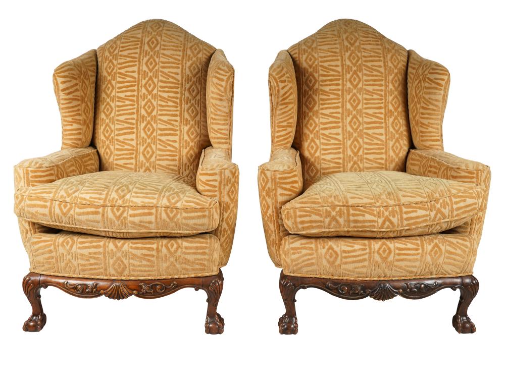 PAIR OF CARVED MAHOGANY UPHOLSTERED