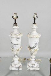 PAIR OF CARVED MARBLE URNS, MT