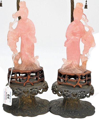 PAIR OF CARVED PINK QUARTZ