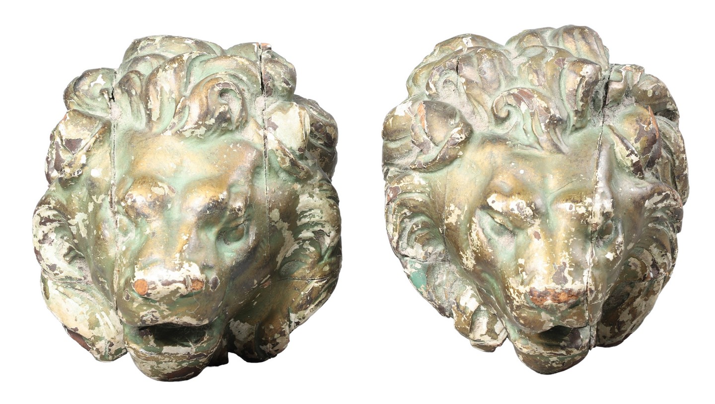 Pair of carved wood lion head