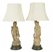 PAIR OF CARVED WOOD QUAN YIN T