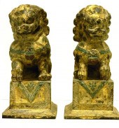 Pair of carved wooden Foo lion