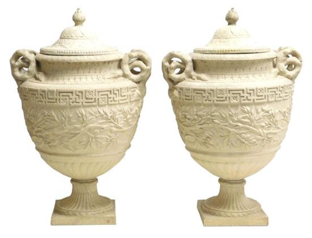 PAIR OF CAST CEMENT GARDEN URNS