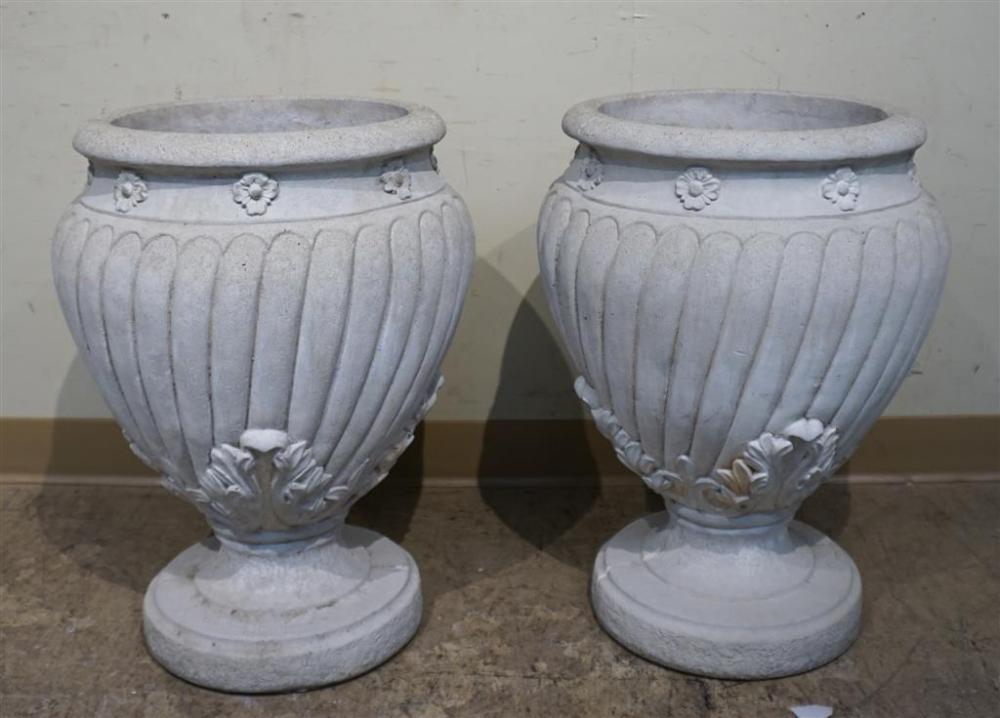PAIR OF CAST CEMENT GARDEN URNS, H: