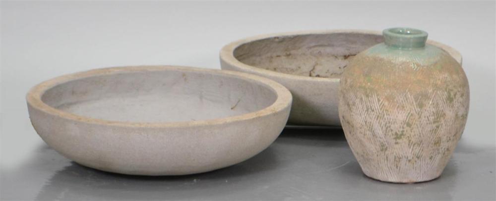 PAIR OF CAST CEMENT JARDINIERES AND