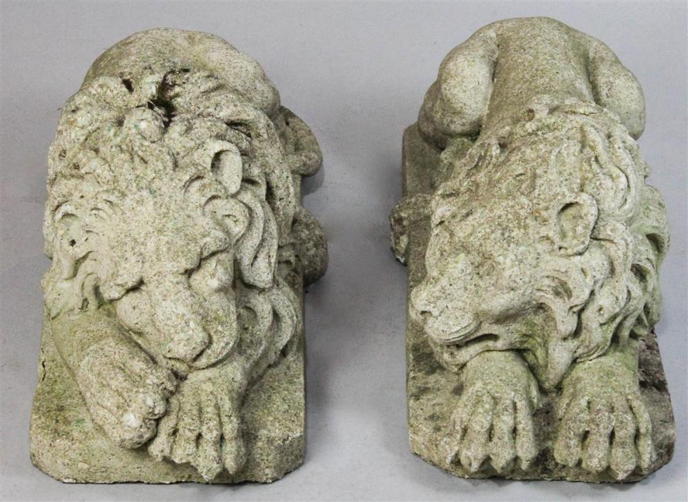 PAIR OF CAST CONCRETE SLEEPING LION
