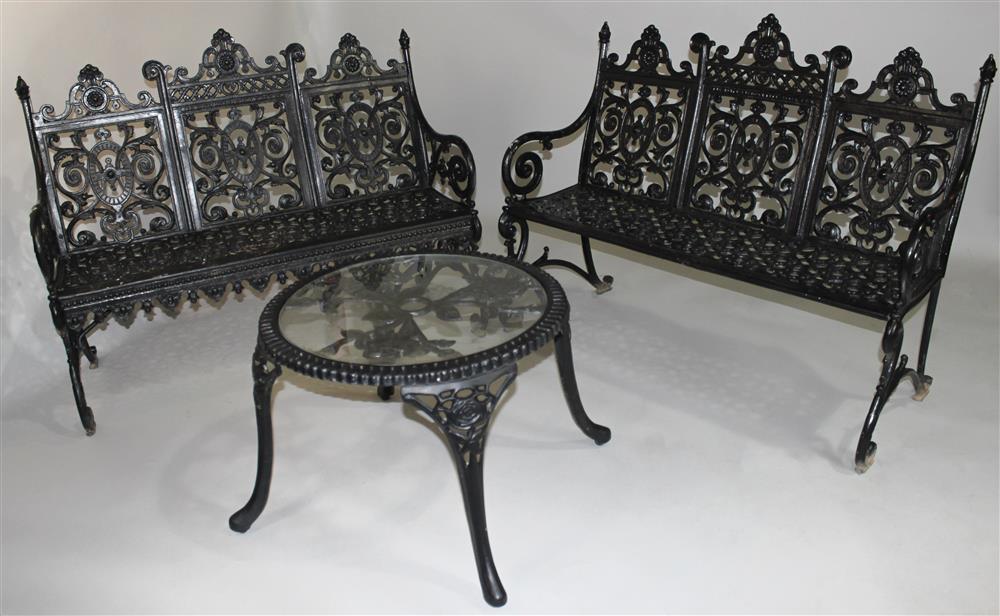 PAIR OF CAST IRON BENCHES, THE