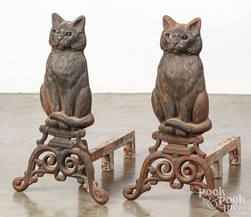 PAIR OF CAST IRON CAT ANDIRONS, CA.