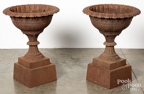 PAIR OF CAST IRON GARDEN URNS, 19TH