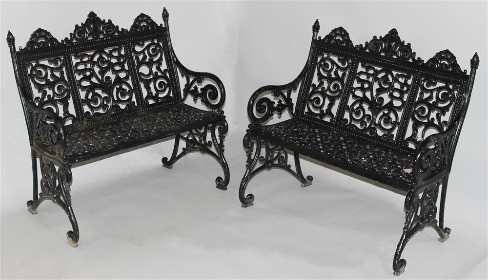 PAIR OF CAST IRON GARDEN BENCHES,
