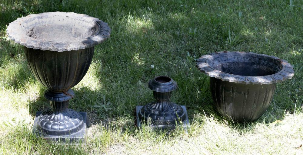 PAIR OF CAST IRON GARDEN URNS