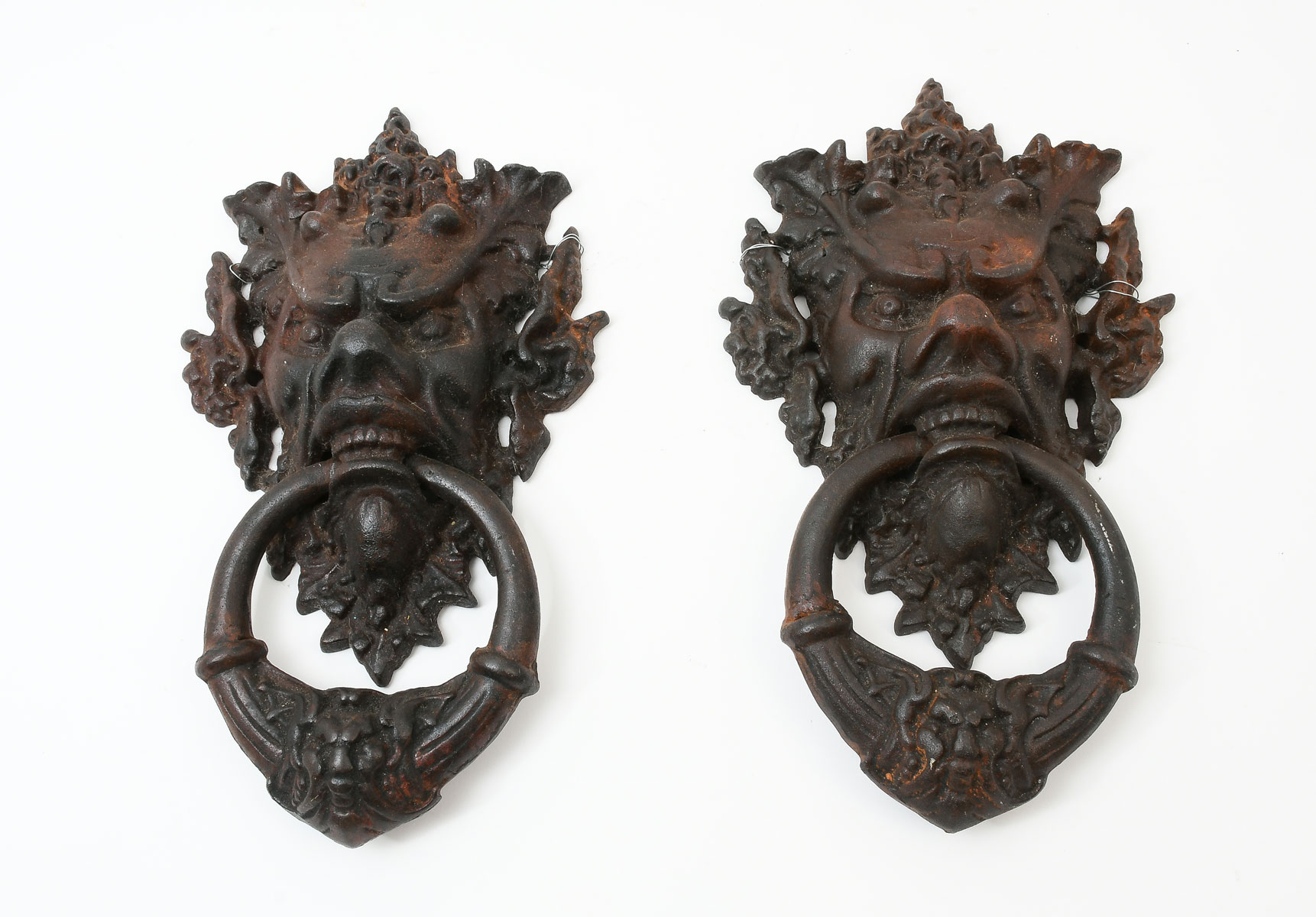 PAIR OF CAST IRON GARGOYLE DOOR