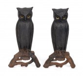 PAIR OF CAST IRON OWL ANDIRONS