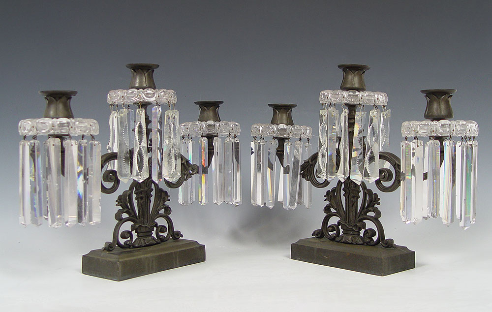 PAIR OF CAST METAL & CRYSTAL