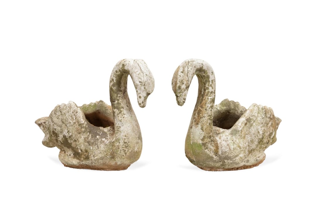 PAIR OF CAST STONE GARDEN SWAN