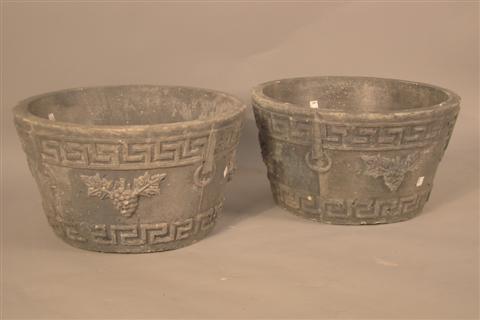 PAIR OF CAST STONE LOW PLANTERS
