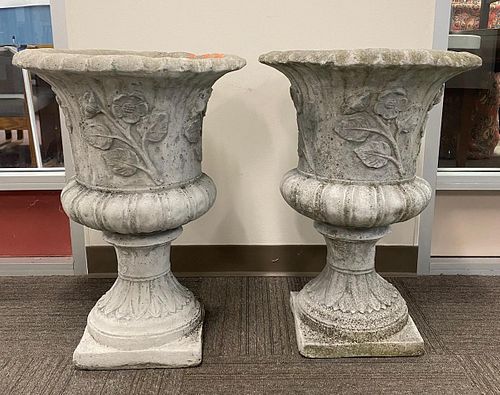PAIR OF CEMENT URNS, HEIGHT 27