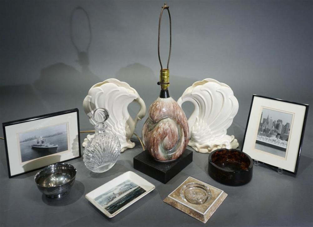 PAIR OF CERAMIC SWAN VASES, LAMP,