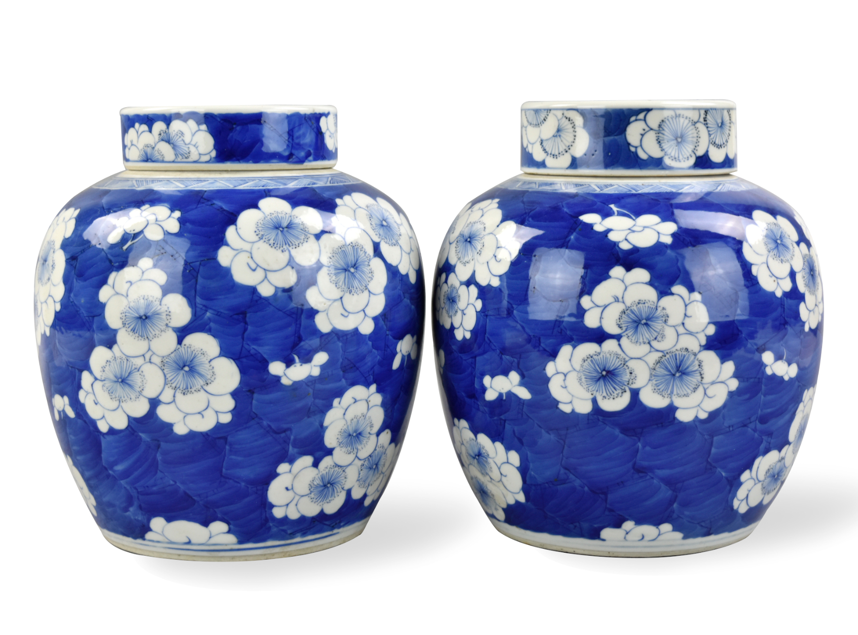 PAIR OF CHINESE B & W PRUNUS JAR,