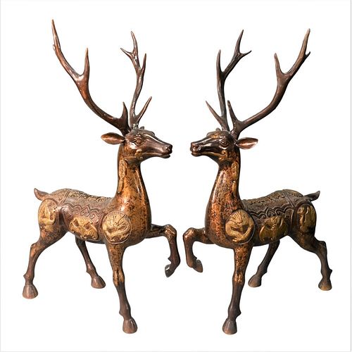 PAIR OF CHINESE BRONZE DEER OR