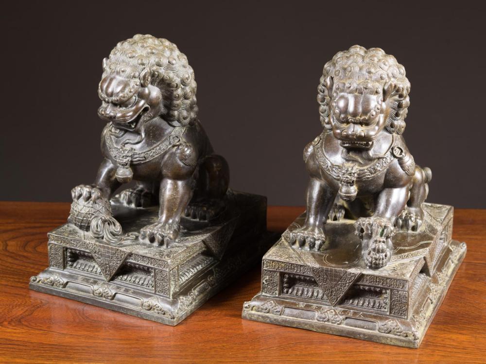 PAIR OF CHINESE BRONZE FOO-LIONS,