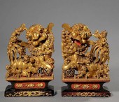 PAIR OF CHINESE CARVED AND GIL