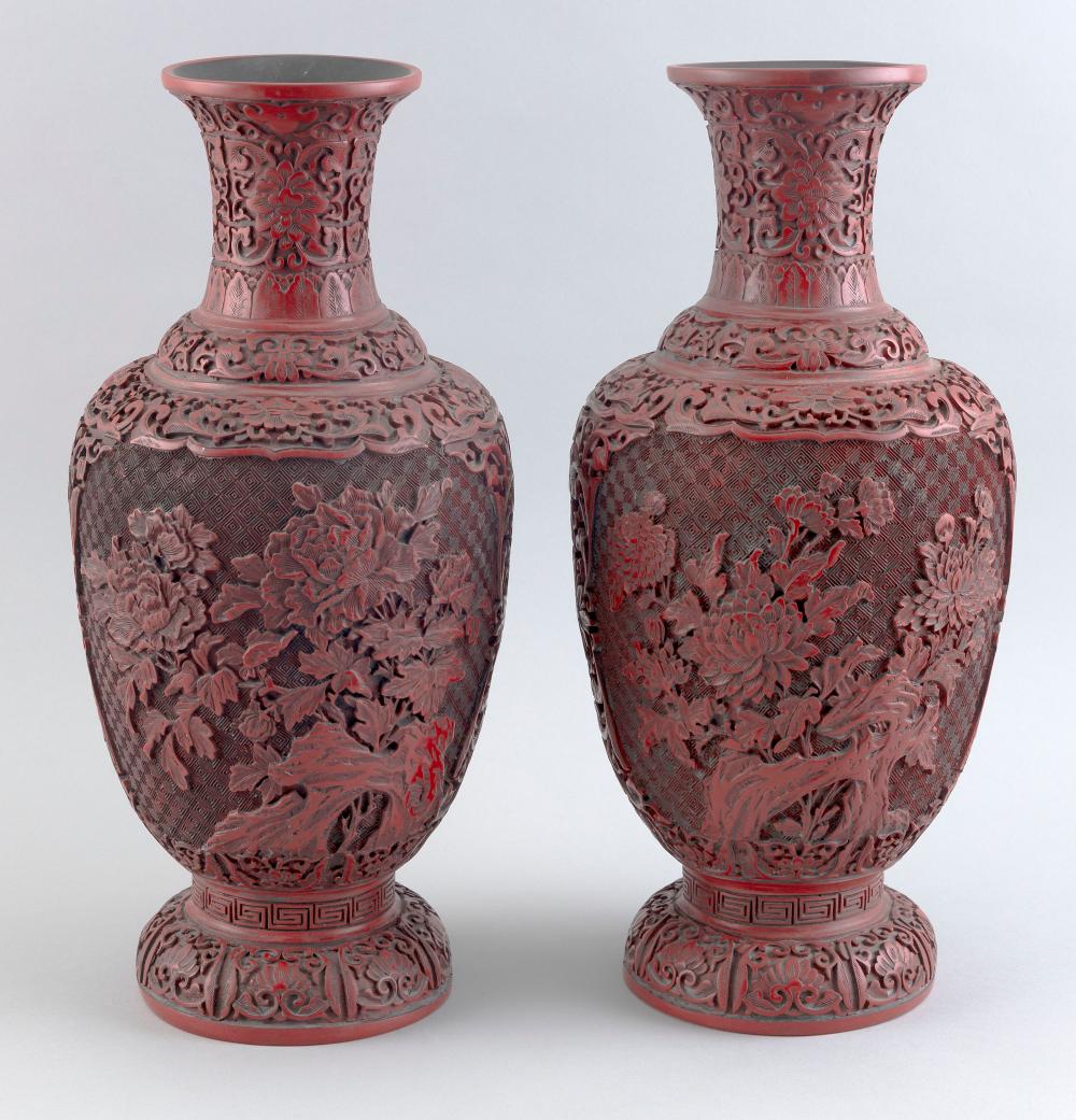PAIR OF CHINESE CARVED CINNABAR