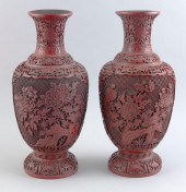 PAIR OF CHINESE CARVED CINNABA