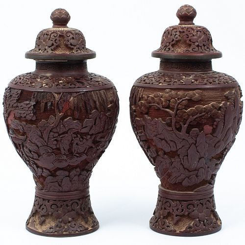 PAIR OF CHINESE CARVED CINNABAR