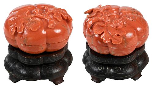 PAIR OF CHINESE CARVED CORAL LIDDED